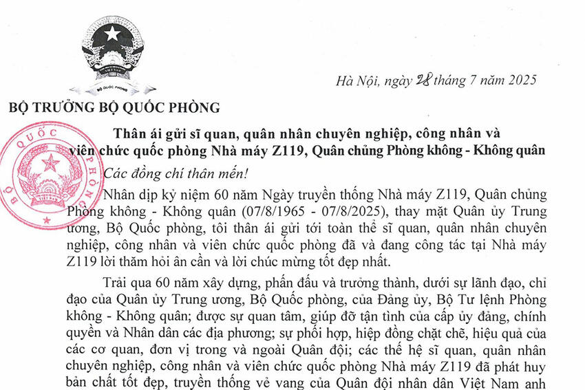 Đại tướng Phan Văn Giang gửi thư chúc mừng 60 năm Ngày truyền thống Nhà máy Z119