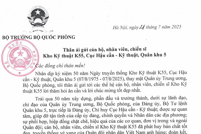 Đại tướng Phan Văn Giang gửi thư chúc mừng 50 năm Ngày truyền thống Kho Kỹ thuật K55