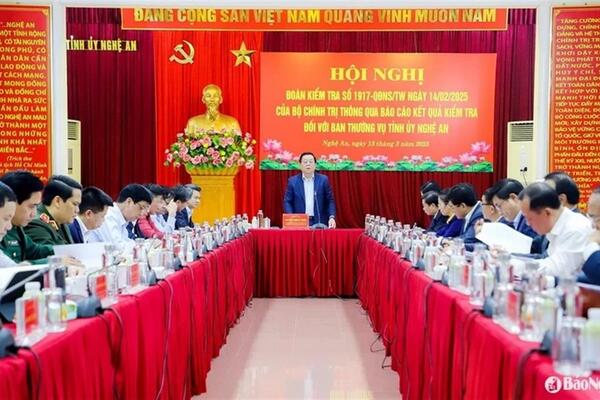 Đoàn kiểm tra của Bộ Chính trị, Ban Bí thư làm việc với Tỉnh ủy Nghệ An
