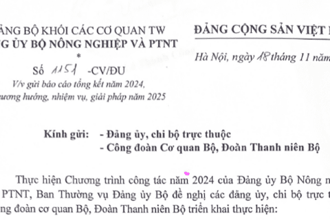 Báo cáo tổng kết năm 2024 phương hướng, nhiệm vụ, giải pháp năm 2025 của Đảng ủy bộ Nông nghiệp và Phát triển nông thôn