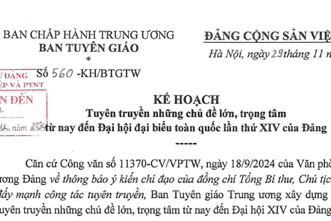 Kế hoạch số 560-KH/BTGTW ngày 29/11/2024 về tuyên truyền những chủ đề lớn, trọng tâm từ nay đến Đại hội đại biểu toàn quốc lần thứ XIV của Đảng.