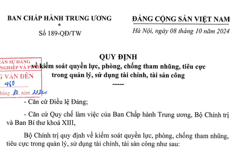 Quy định số 189-QĐ/TW ngày 08/10/2024 của Bộ Chính trị quy định về kiểm soát quyền lực, phòng, chống tham nhũng, tiêu cực trong quản lý, sử dụng tài chính, tài sản công