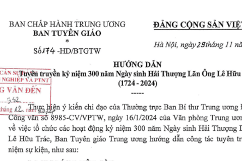 Hướng dẫn số 174-HD/BTGTW ngày 29/11/2024 của Ban Tuyên giáo Trung ương tuyên truyền kỷ niệm 300 năm Ngày sinh Hải Thượng Lãn Ông Lê Hữu Trác (1724-2024)