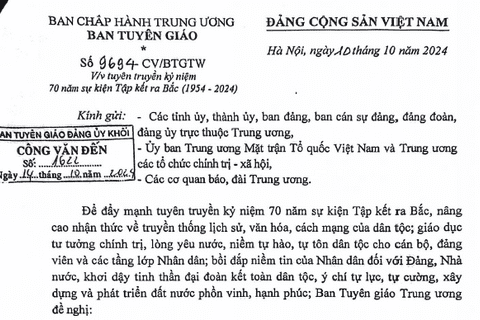Công văn số 9694 – CV/BTGTW của Ban Tuyên giáo Trung ương về việc tuyên truyền kỷ niệm 70 năm sự kiện Tập kết ra Bắc (1954 – 2024)