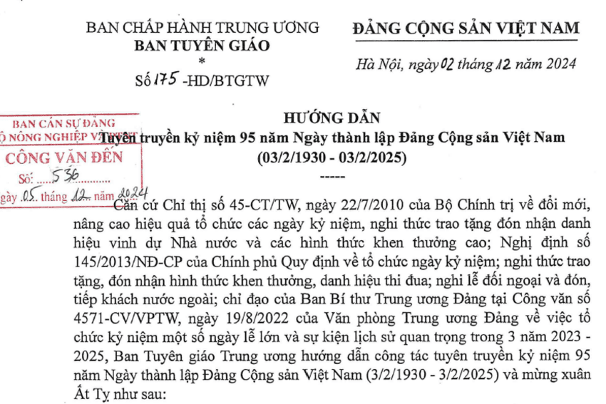 Hướng dẫn số 175-HD/BTGTW ngày 02/12/2024 của Ban Tuyên giáo Trung ương tuyên truyền kỷ niệm 95 năm Ngày thành lập Đảng Cộng sản Việt Nam (03/2/1930 - 03/2/2025)