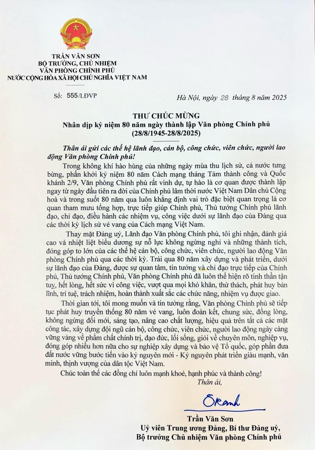 Bộ trưởng, Chủ nhiệm VPCP gửi Thư chúc mừng nhân kỷ niệm 80 năm Ngày thành lập VPCP- Ảnh 1.