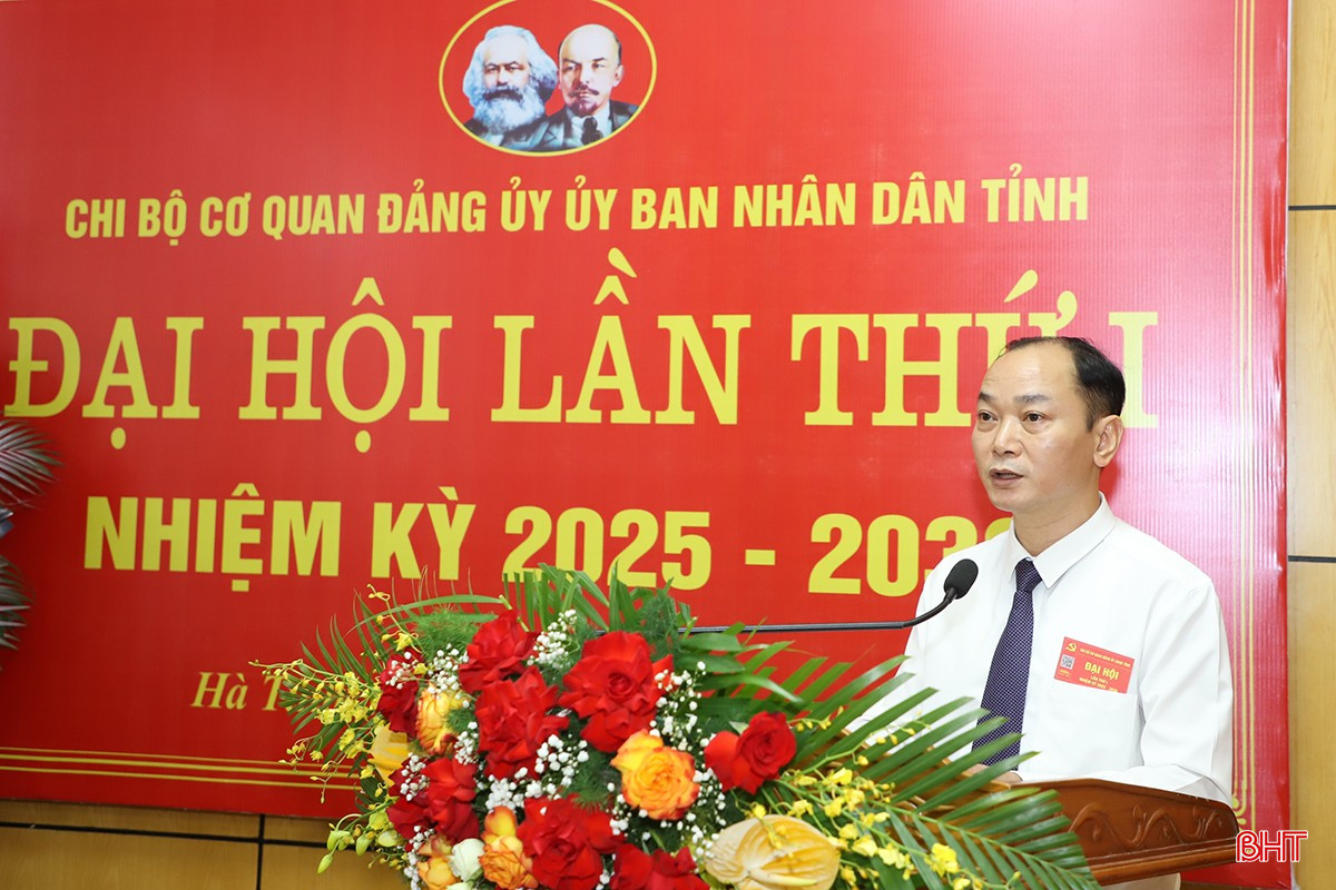 Đồng chí Nguyễn Thiều Quang - Phó Bí thư Đảng ủy UBND tỉnh, Phó Bí thư Chi bộ cơ quan Đảng ủy UBND tỉnh trình bày báo cáo tại đại hội. bqbht_br_0.jpg