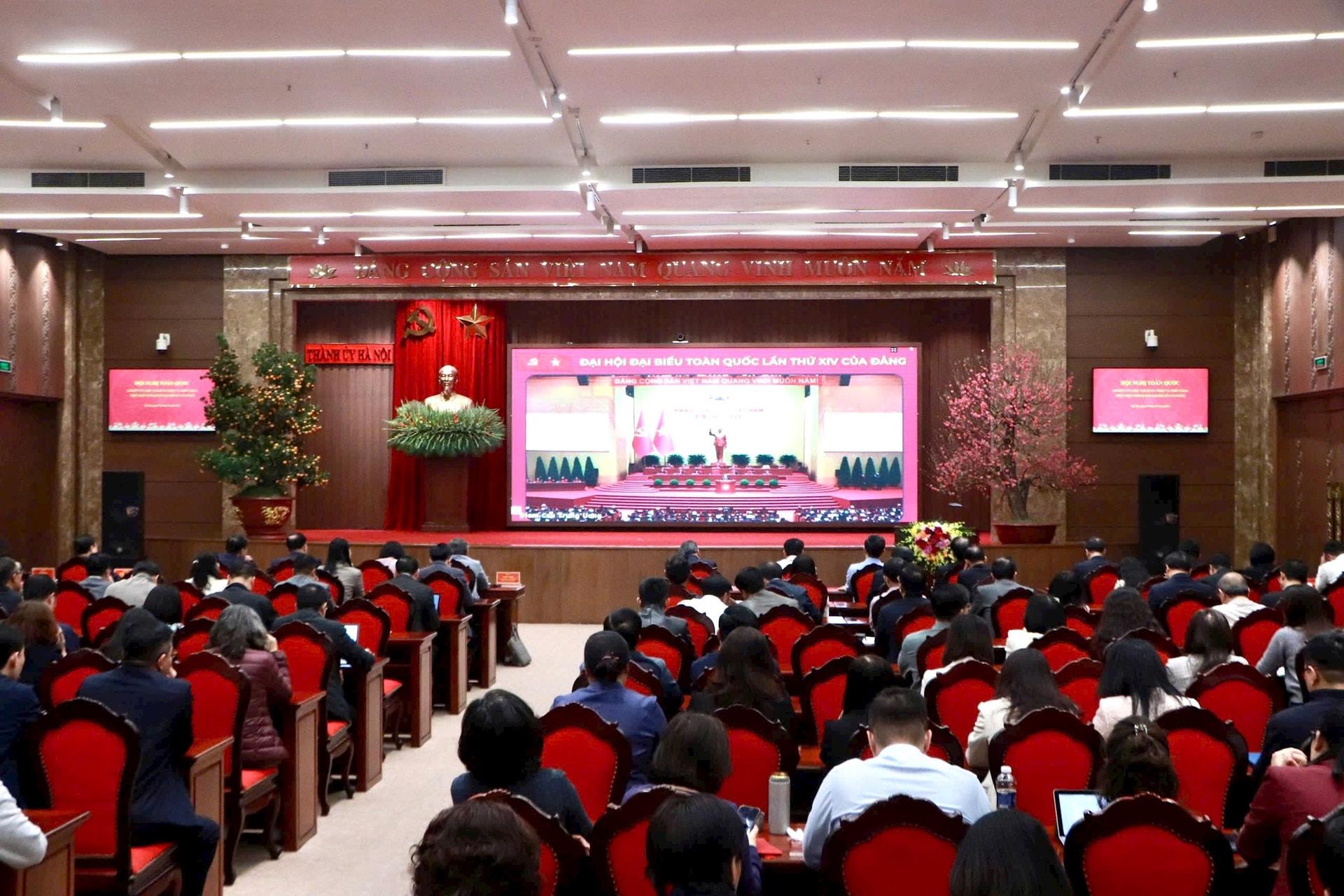 Quang cảnh hội nghị tại điểm cầu Thành ủy Hà Nội. Ảnh: Nhật Nam