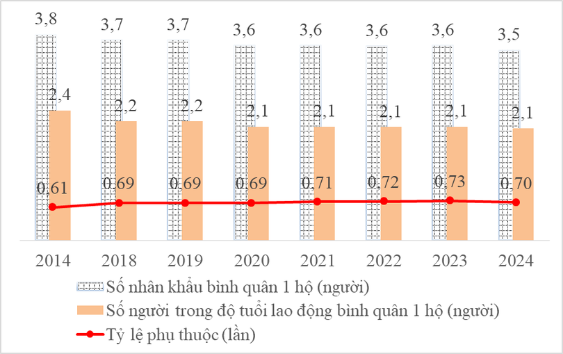 Nhân khẩu bình quân một hộ gia đình ở Việt Nam năm 2024 là bao nhiêu người?