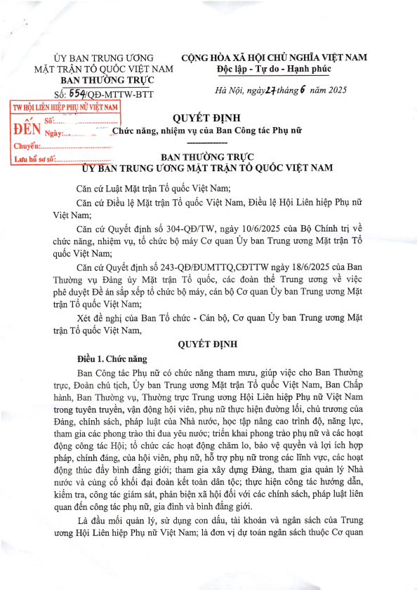 Toàn văn Quyết định của Ban Thường trực Ủy ban Trung ương MTTQ Việt Nam về chức năng, nhiệm vụ của Ban Công tác Phụ nữ- Ảnh 1.