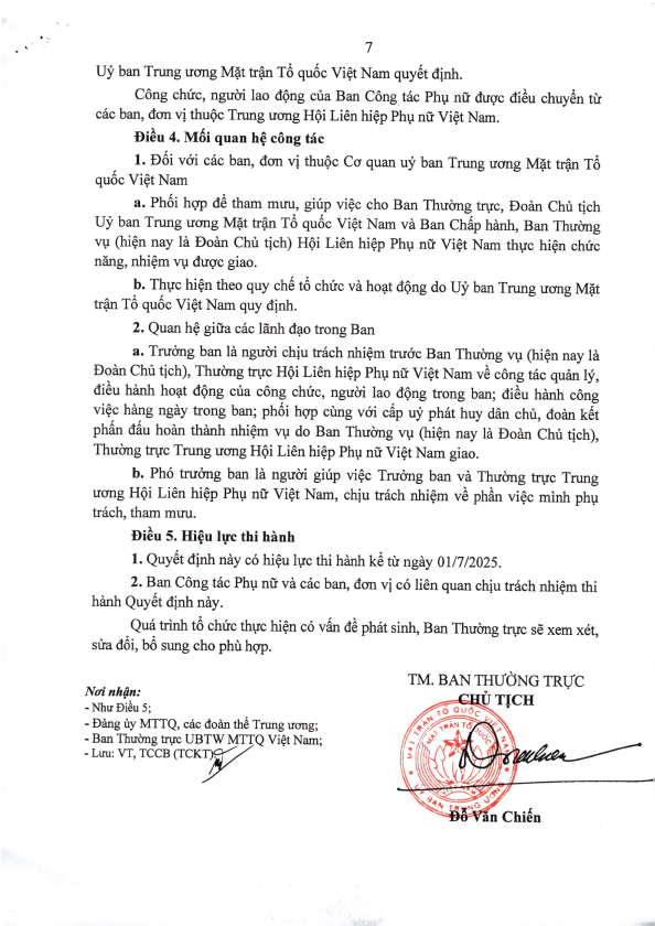 Toàn văn Quyết định của Ban Thường trực Ủy ban Trung ương MTTQ Việt Nam về chức năng, nhiệm vụ của Ban Công tác Phụ nữ- Ảnh 7.