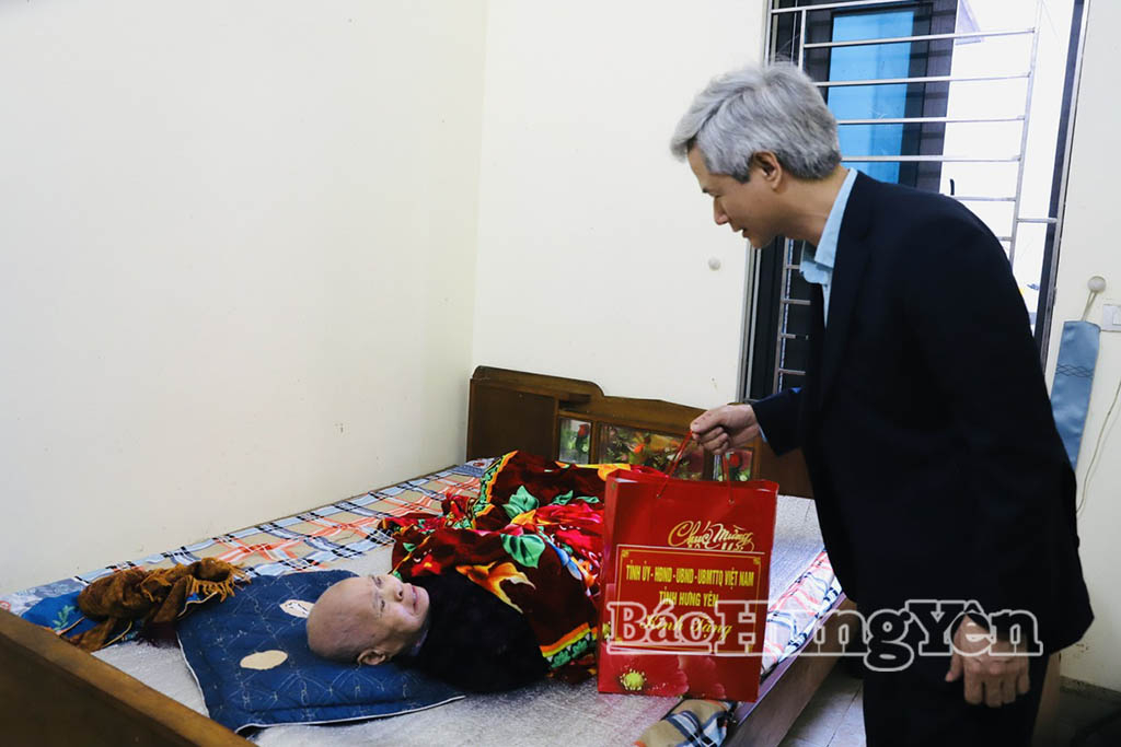 Đồng chí Đào Hồng Vận, Ủy viên Ban Thường vụ Tỉnh ủy, Trưởng đoàn Đại biểu Quốc hội tỉnh, Giám đốc Sở Nội vụ trao quà tặng bà Đào Thị Mai, vợ liệt sĩ (thôn 13).