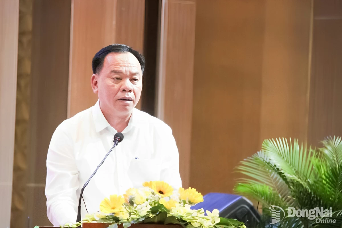 Đồng chí Võ Tấn Đức, Phó Bí thư Tỉnh ủy, Chủ tịch UBND tỉnh Đồng Nai phát biểu tham luận tại hội thảo. Ảnh: Trần Danh  