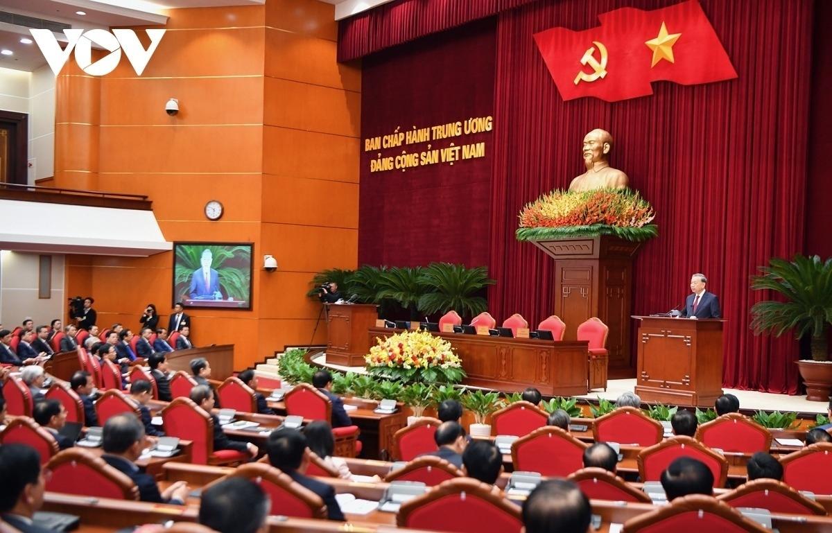 Tổng Bí thư phát biểu tại Hội nghị lần thứ 14 Ban Chấp hành Trung ương Đảng khoá XIII. (Ảnh: Ngọc Thành)