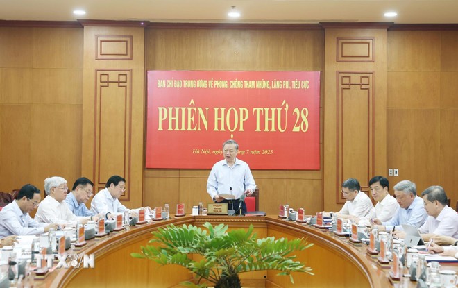 Tổng Bí thư Tô Lâm, Trưởng BCĐ Trung ương về phòng chống tham nhũng, lãng phí, tiêu cực phát biểu tại cuộc họp. (Ảnh: Thống Nhất/TTXVN) Tổng Bí thư Tô Lâm, Trưởng BCĐ Trung ương về phòng chống tham nhũng, lãng phí, tiêu cực phát biểu tại cuộc họp. (Ảnh: Thống Nhất/TTXVN)