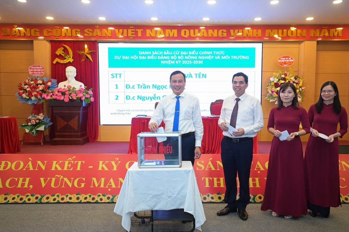 Các đại biểu bỏ phiếu bầu đại biểu dự Đại hội Đảng bộ Bộ Nông nghiệp và Môi trường. Ảnh: Tùng Đinh.