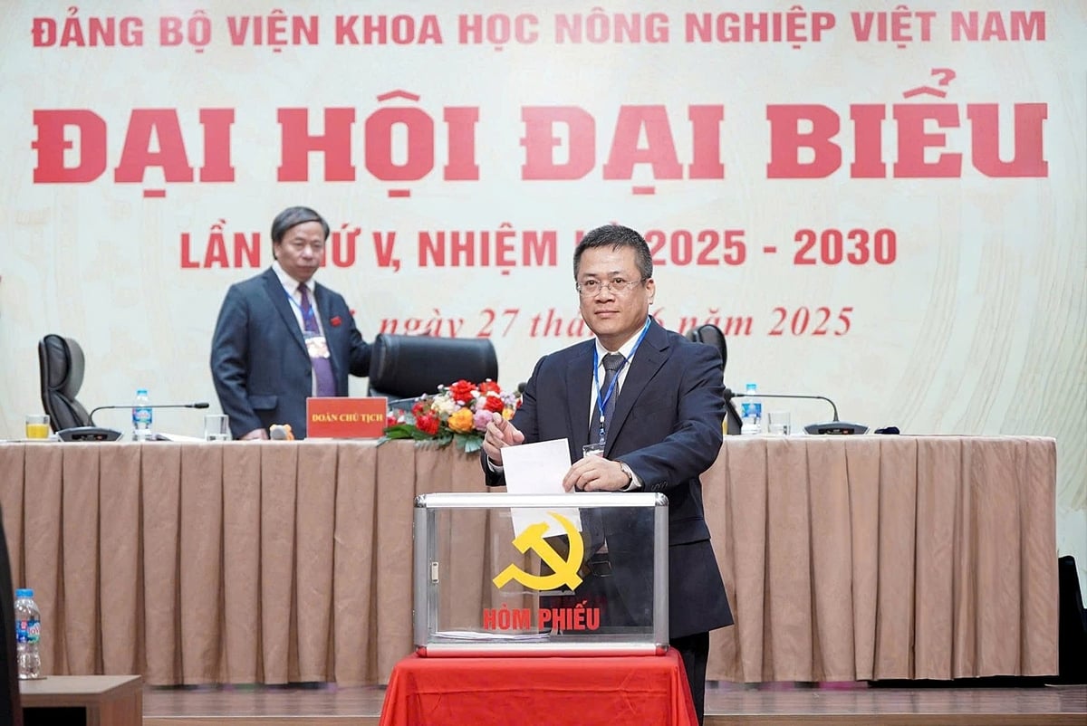 Ủy viên Ban chấp hành Đảng bộ VAAS, Viện trưởng Viện Thổ nhưỡng Nông hóa Trần Minh Tiến bỏ phiếu bầu tại đại hội. Ảnh: Bảo Thắng.