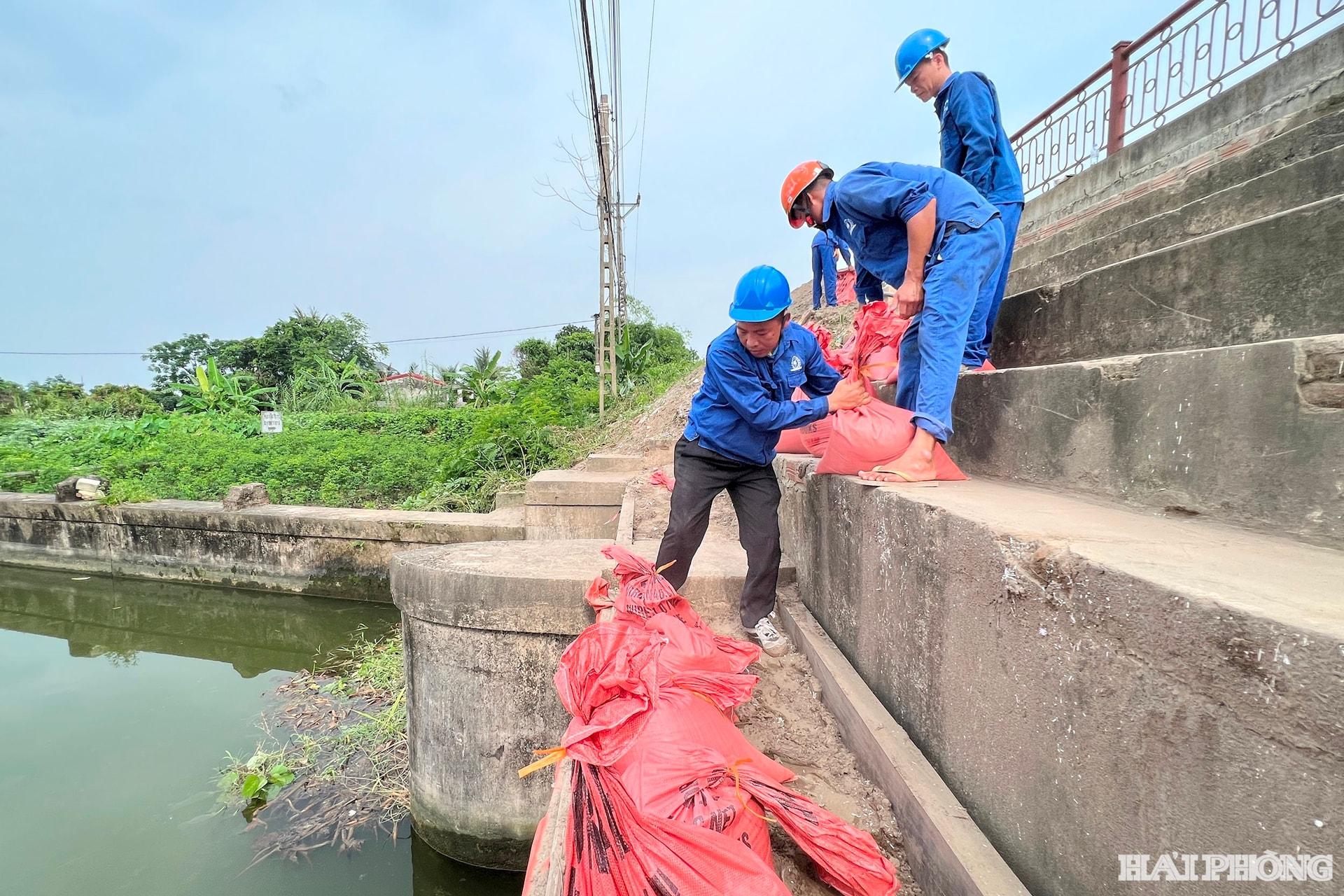 Để bảo đảm an toàn cho hệ thống đê điều, sẵn sàng cho những tình huống xấu trong mùa mưa bão, các đơn vị liên quan thường xuyên kiểm tra, diễn tập nhiều tình huống. (Trong ảnh: Diễn tập tình huống nước tràn mặt đê tại cống Cổ Tiểu, xã Kiến Hải)