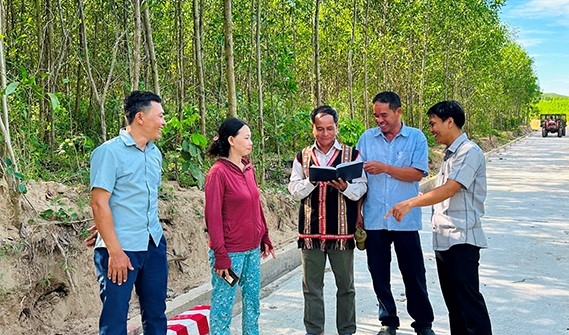 Ông Thanh Kim Lĩnh (đứng giữa) cùng cán bộ xã Canh Hòa, huyện Vân Canh, tỉnh Bình Định tích cực vận động người dân hiến đất làm đường dẫn vào khu sản xuất tại chân đồi Đại Hàn (Ảnh: T.C). Ông Thanh Kim Lĩnh (đứng giữa) cùng cán bộ xã Canh Hòa, huyện Vân Canh, tỉnh Bình Định tích cực vận động người dân hiến đất làm đường dẫn vào khu sản xuất tại chân đồi Đại Hàn (Ảnh: T.C).